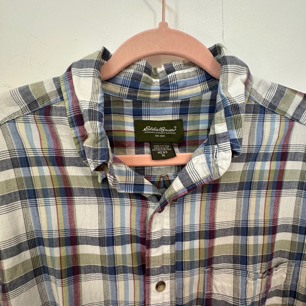 Eddie Bauer Mens Medium Short Sleeve Plaid Multicolor Cotton Button Down Shirt